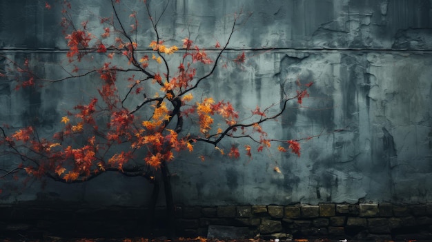 an old tree with red leaves against a concrete wall