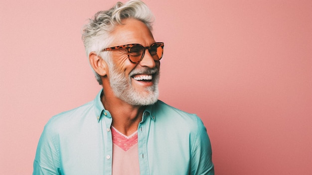 Old and trendy man smiling enthousiastic studio pastel color background