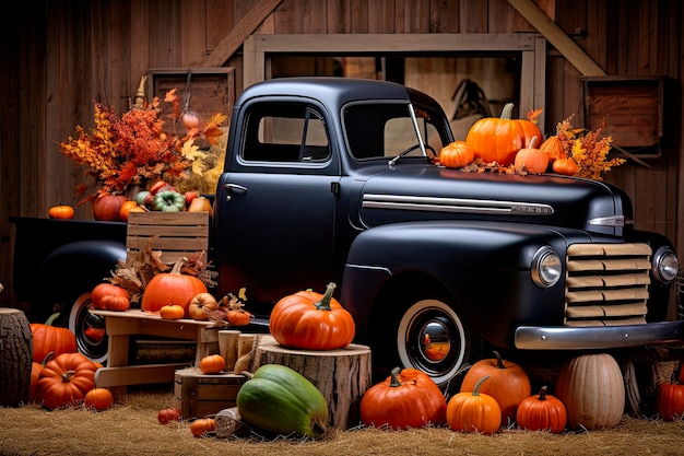 Old truck on a farm full of pumpkins