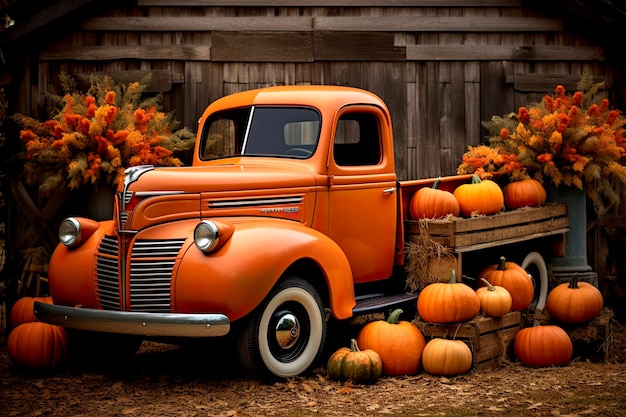 Old truck on a farm full of pumpkins