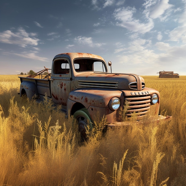 an old truck has been abandoned in a field.