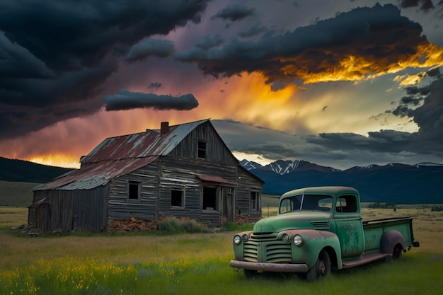 An old truck sits in a field with a mountain in the background.