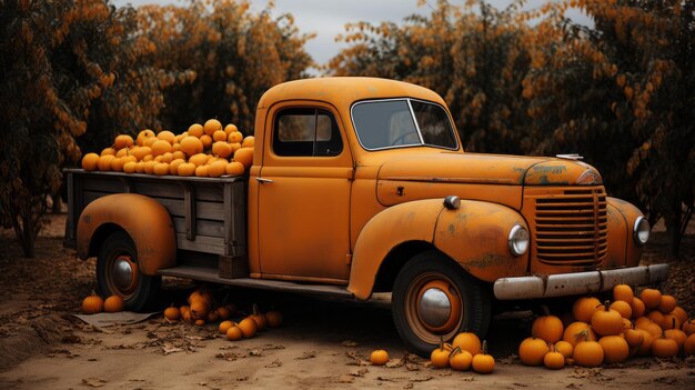 Foto un vecchio camion con zucche di arance nella parte posteriore