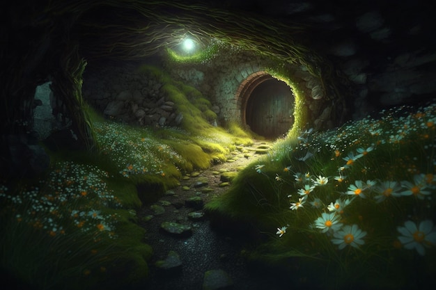 Old tunnel with flowers in the dark Generative AI illustration