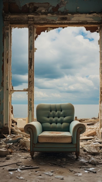 Photo old turquoise armchair in a brokendown abandoned house next to the sea aigenerated