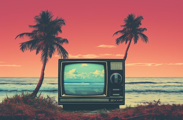 the old tv is sitting in front of the wall with palm trees in the style of neonpunk photorealisti