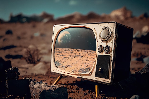 An old TV lying on the ruins of a house A postapocalyptic ruined city Destroyed buildings