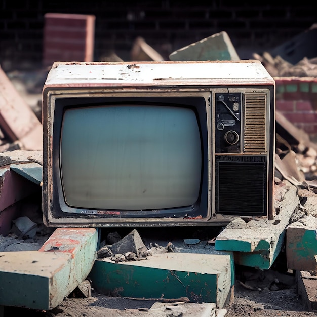 An old TV lying on the ruins of a house A postapocalyptic ruined city Destroyed buildings