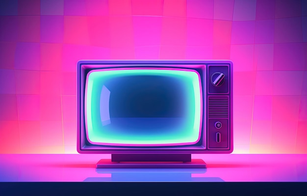 은 TV 분홍색 파란색 그라디언 네온 빛 레트로 다채로운 이미지 오래된 TV 네온