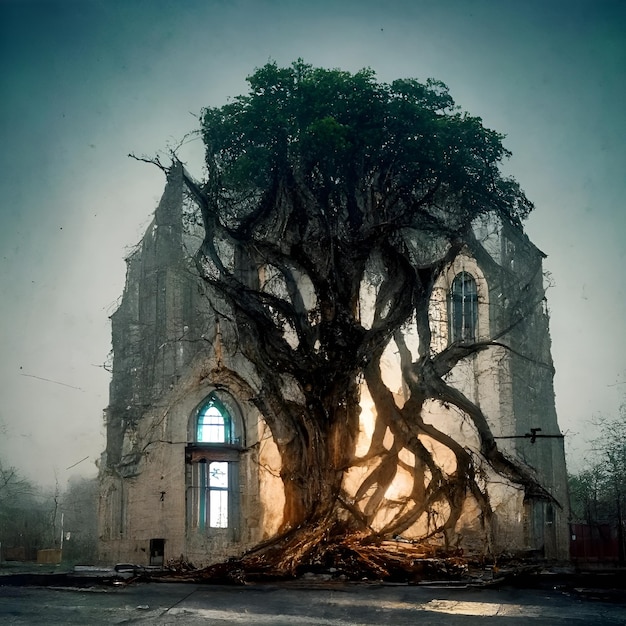 An old twisted tree in the middle of a dark old broken house