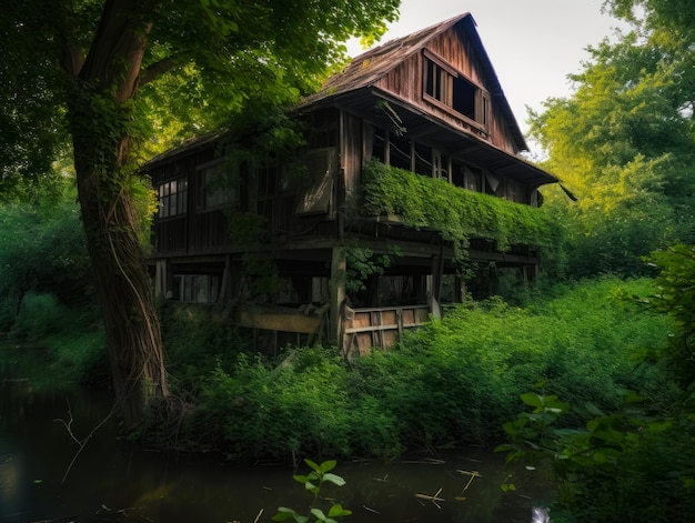 Old twostoried ruined abandoned wooden house in the green wood Little river flowing near the building Generative AI