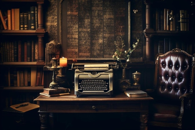 an old typewriter sits on a desk in a dark room with a large book on the wall behind it.