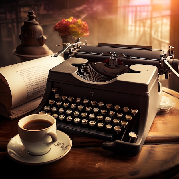 an old typewriter with a cup of coffee and a book on the table