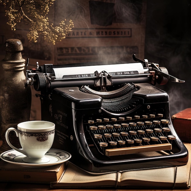 старая пишущая машина с чашечкой кофе и табличкой с надписью " старомодный "