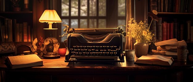 old typewriter on the writing desk in the library in dim golden light