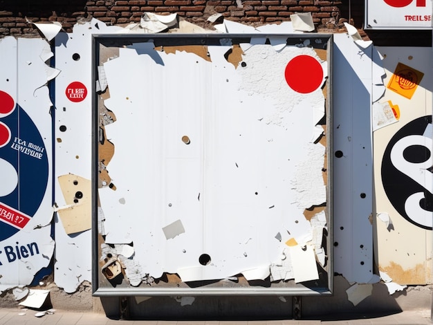 Old urban street billboard with white peeling posters and stickers