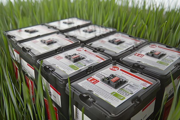 Photo old used car batteries in green grass improper disposal of batteries