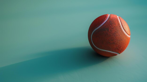 Старый и использованный оранжевый теннисный мяч на синем фоне Мяч хорошо изношен и имеет много следов царапины