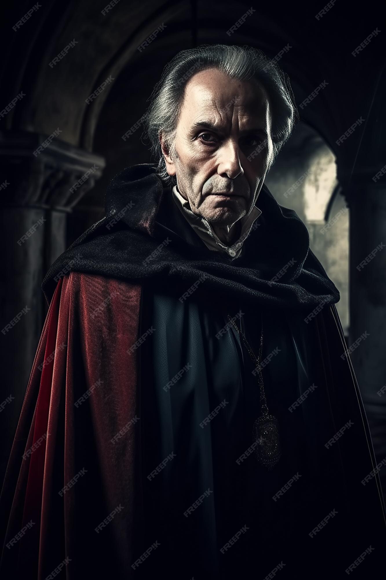 Premium AI Image | Old vampire Count Dracula in red cloak in castle