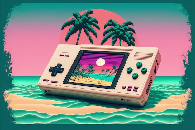 Old video game console with landscape in the background 16 bit retro Generative AI