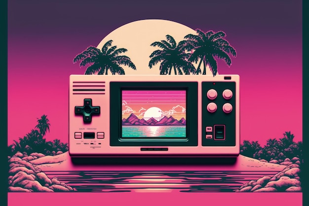 Old video game console with landscape in the background 16 bit retro Generative AI