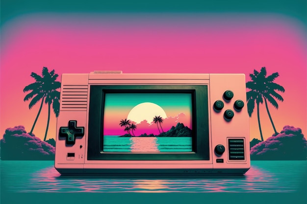 Old video game console with landscape in the background 16 bit retro Generative AI