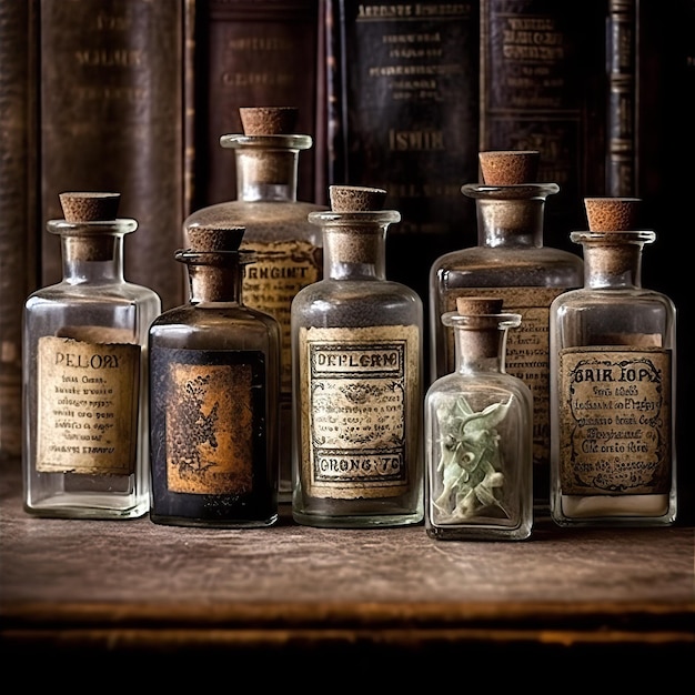 Old vintage apothecary witchy bottles with labels