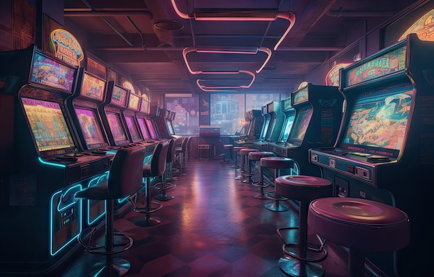 Old Vintage Arcade Video Games in an empty dark gaming room with blue light with glowing displays and beautiful retro design