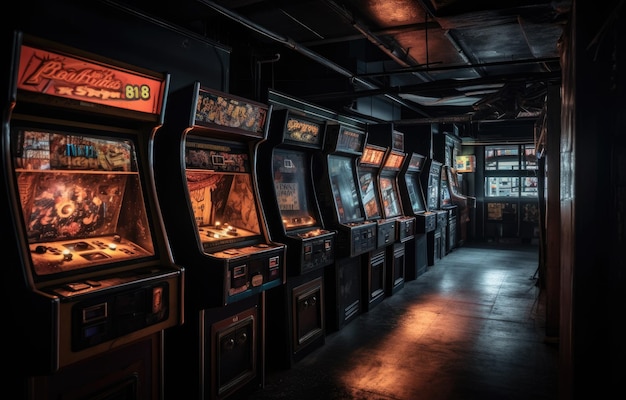 Old Vintage Arcade Video Games in an empty dark gaming room with blue light with glowing displays and beautiful retro design
