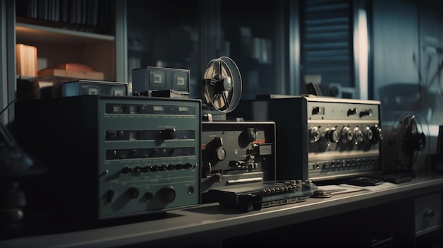 Old vintage audio tape recorder in a recording studiogenerative ai