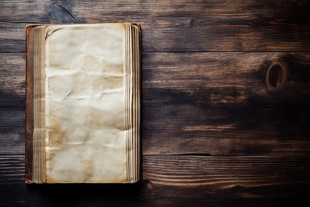 Foto vecchio libro vintage aperto su sfondo di legno scuro con spazio per il testo in stile vintage ia generativa