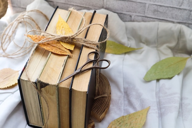 Old vintage books and autumn leaves