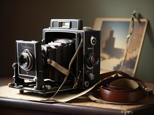 Old vintage camera and photo reel