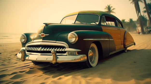 Old vintage car on the beach with a water skateboard a Beautiful palms Generative AI