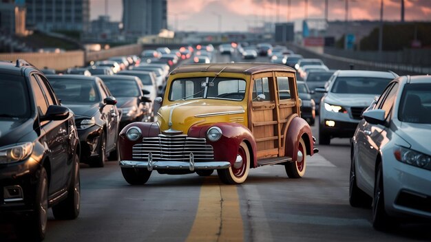 Old vintage car parked in the middle of the freeway road