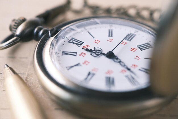 Old vintage clock on table close up