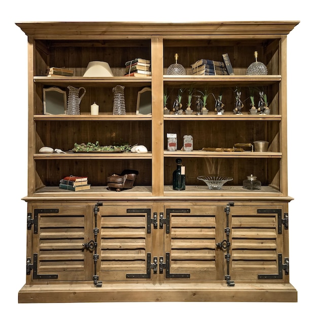 Old vintage cupboard with interior items Old wooden cabinet isolated on white background