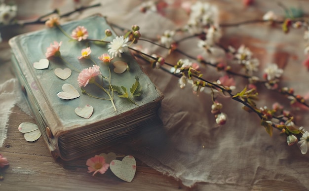 Old vintage diary on rustic wooden background with spring blossom