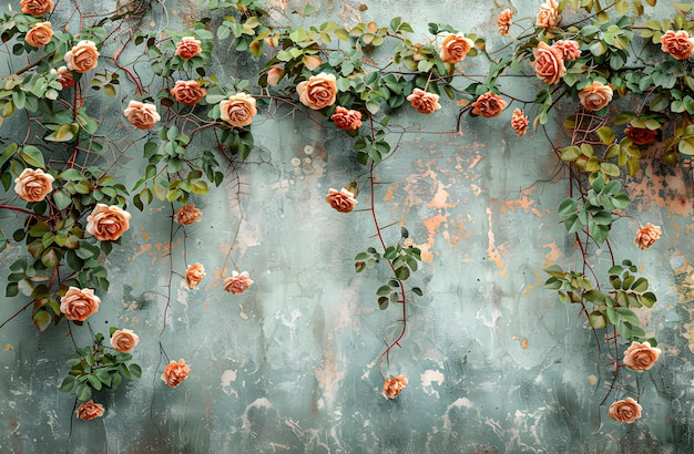 Фото Старая винтажная внешняя стена с кудрявыми розовыми растениями