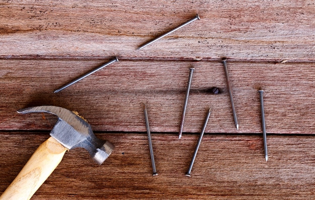 Old vintage hammer and nails 