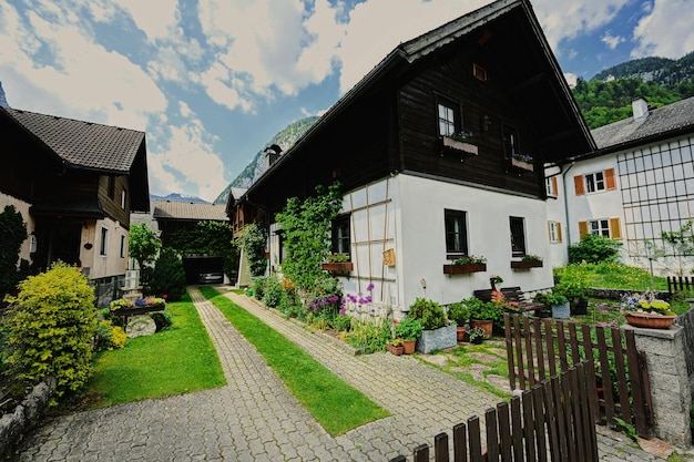 Old vintage house and yard at Austrian alps in Hallstatt Salzkammergut Austria