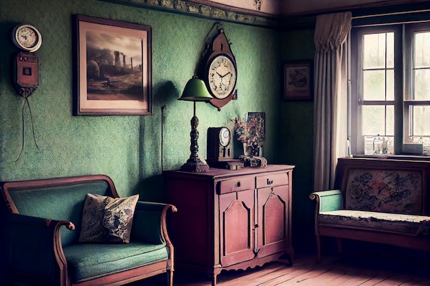 Фото Старый винтажный интерьер ретро комната генеративный ии