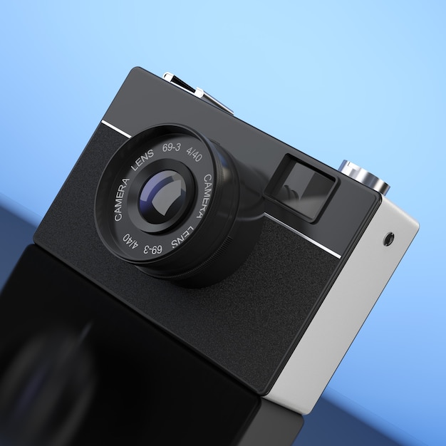 Old Vintage Photo Camera on a blue background. 3d Rendering.