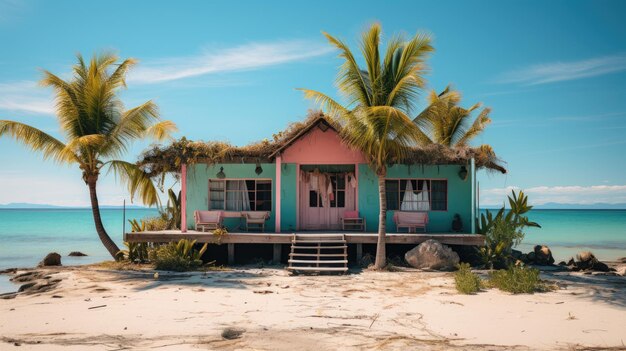 Old vintage photograph of beach house island hut with cyber punk style