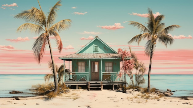 Старая винтажная фотография пляжного дома на острове в стиле киберпанка