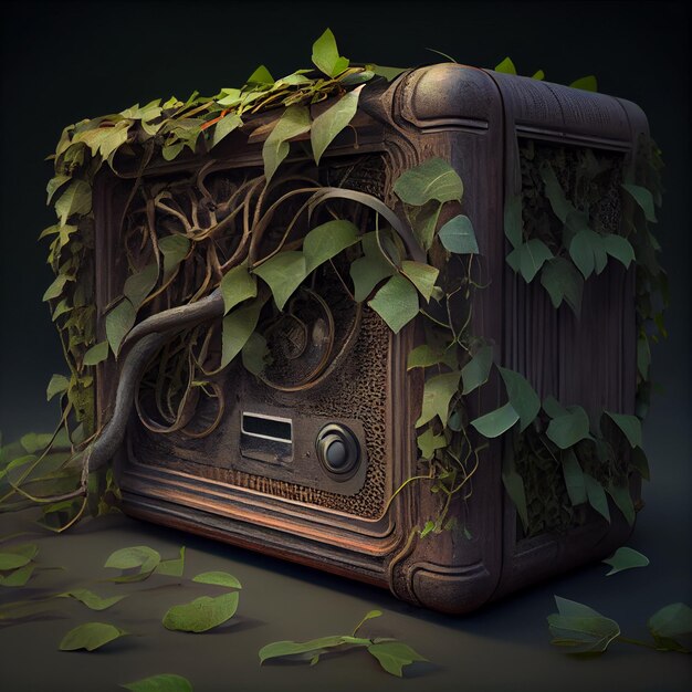 an old vintage radio with plants Generative AI