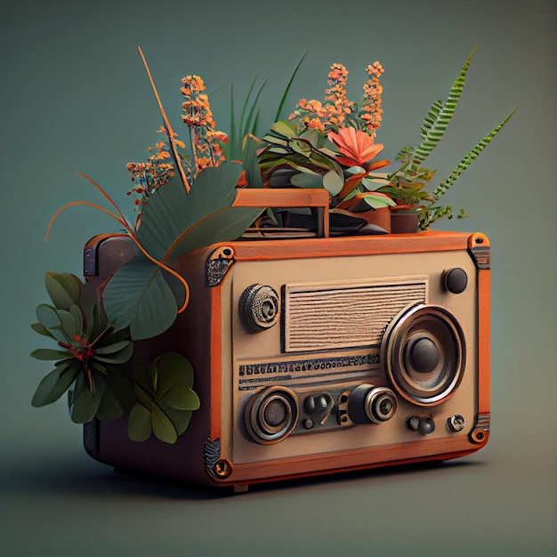 Photo an old vintage radio with plants generative ai