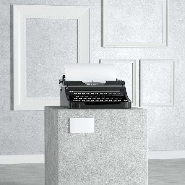 Vecchia macchina da scrivere retrò vintage su piedistallo, palcoscenico, podio o colonna in galleria d'arte o museo su sfondo bianco. rendering 3d