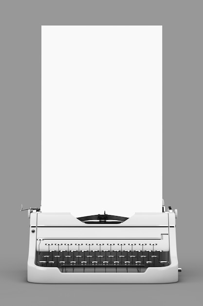 灰色の背景にあなたのデザインの準備ができて長い白い空白の紙と古いヴィンテージレトロタイプライター。 3Dレンダリング