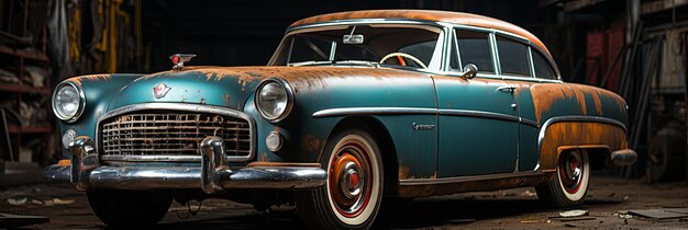 Foto una vecchia auto vintage arrugginita nel garage un'auto retrò in un negozio di riparazione auto ai generativa